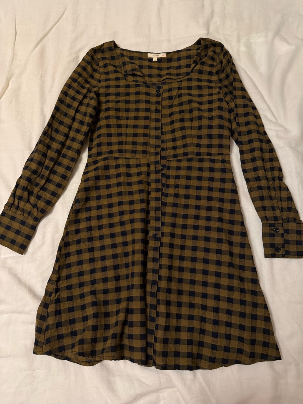 Le Lis Plaid Button-Front Square Neck Dress in Brownish Yellowish and Black